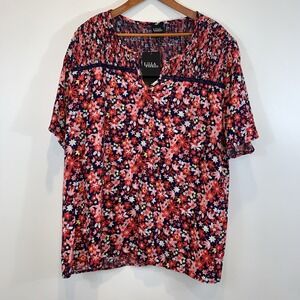 Ulla Popken Shirt Womens 20 22 Red Floral Stretch‎ Smocked Embroidered